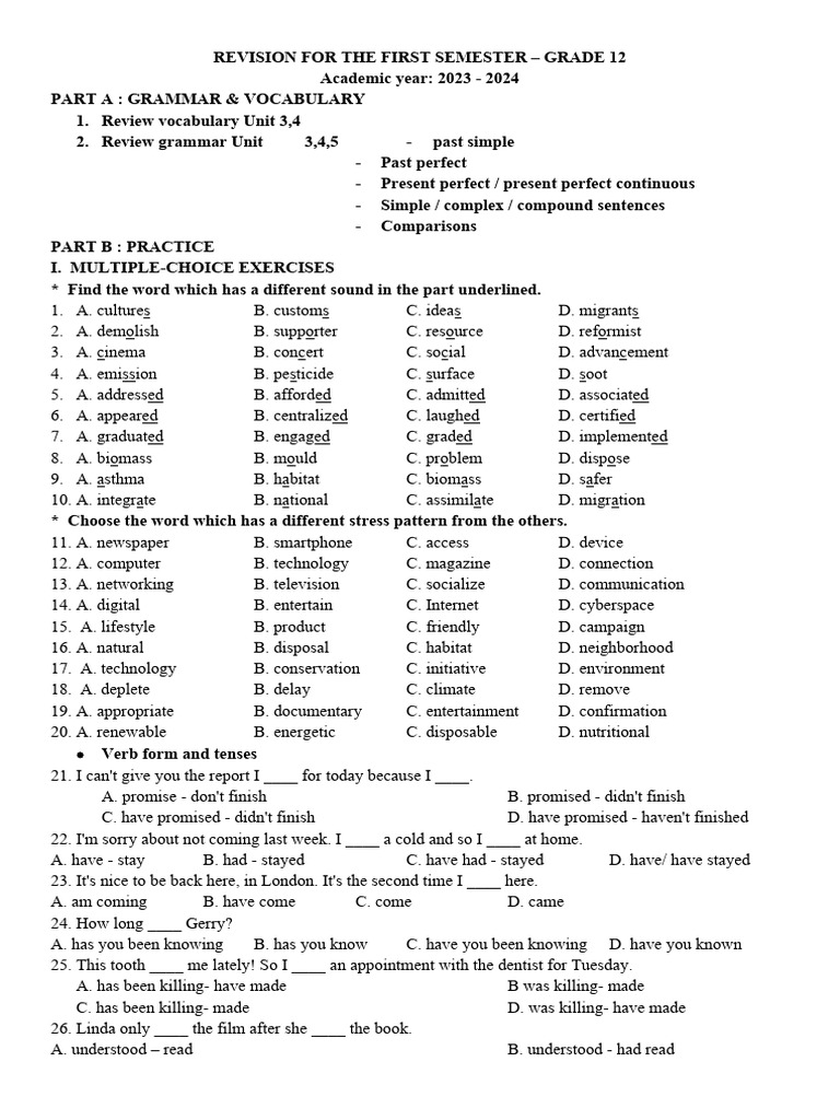 Grade 12 Semester 1 Revision Guide | PDF