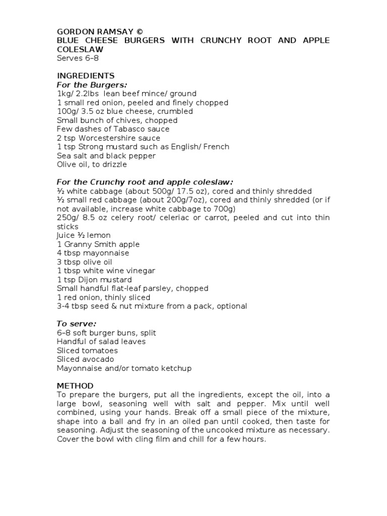 For The Burgers Gordon Ramsay © Blue Cheese Burgers With Crunchy Root and Apple Coleslaw PDF