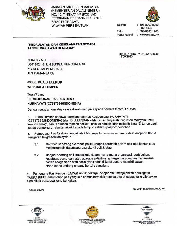 Surat Kelulusan Resident Pass | PDF