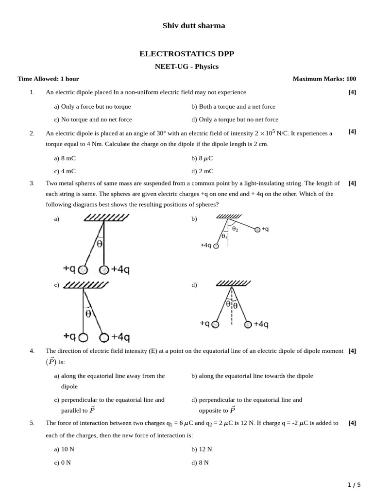 NEET-UG Electrostatics DPP 2025 | PDF | Force | Dipole