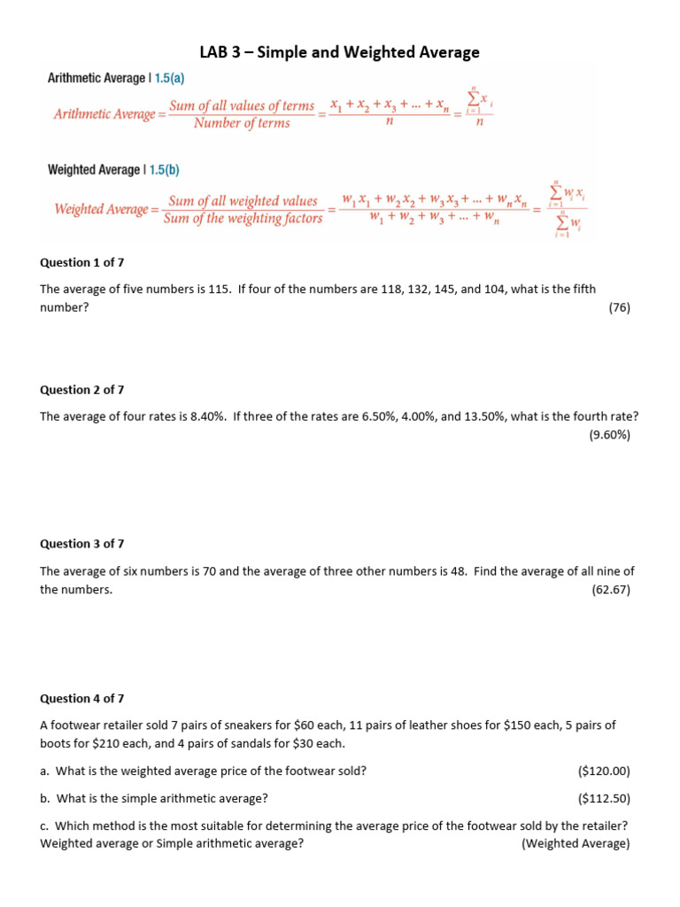 Lab 3 Simple And Weighted Average Pdf Average Sneakers