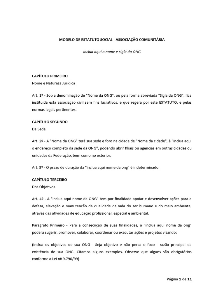 Modelo de Estatuto para ONG Comunitária | PDF | Contabilidade ...