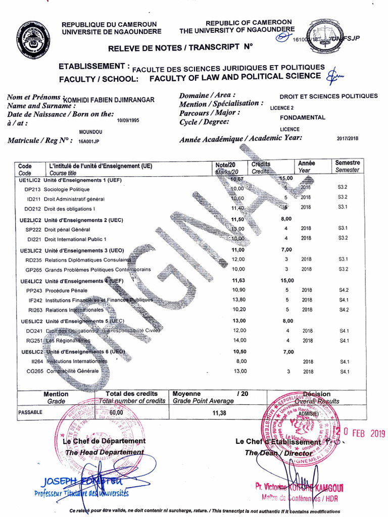 Relevé de notes Licence Droit Cameroun | PDF