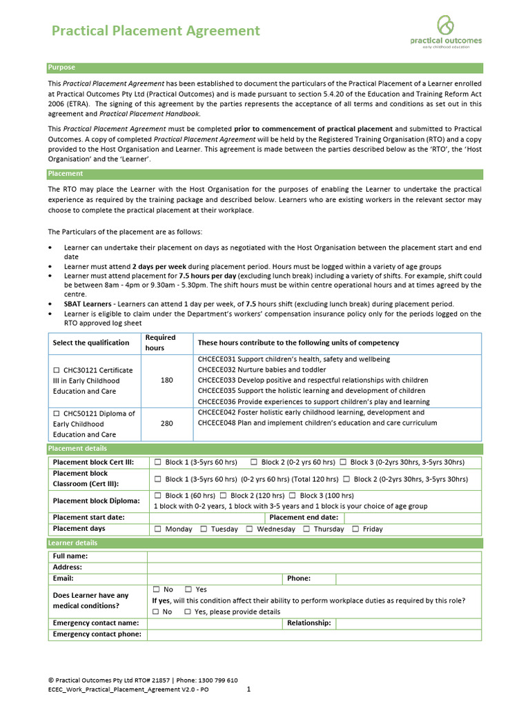 Practical Placement Agreement