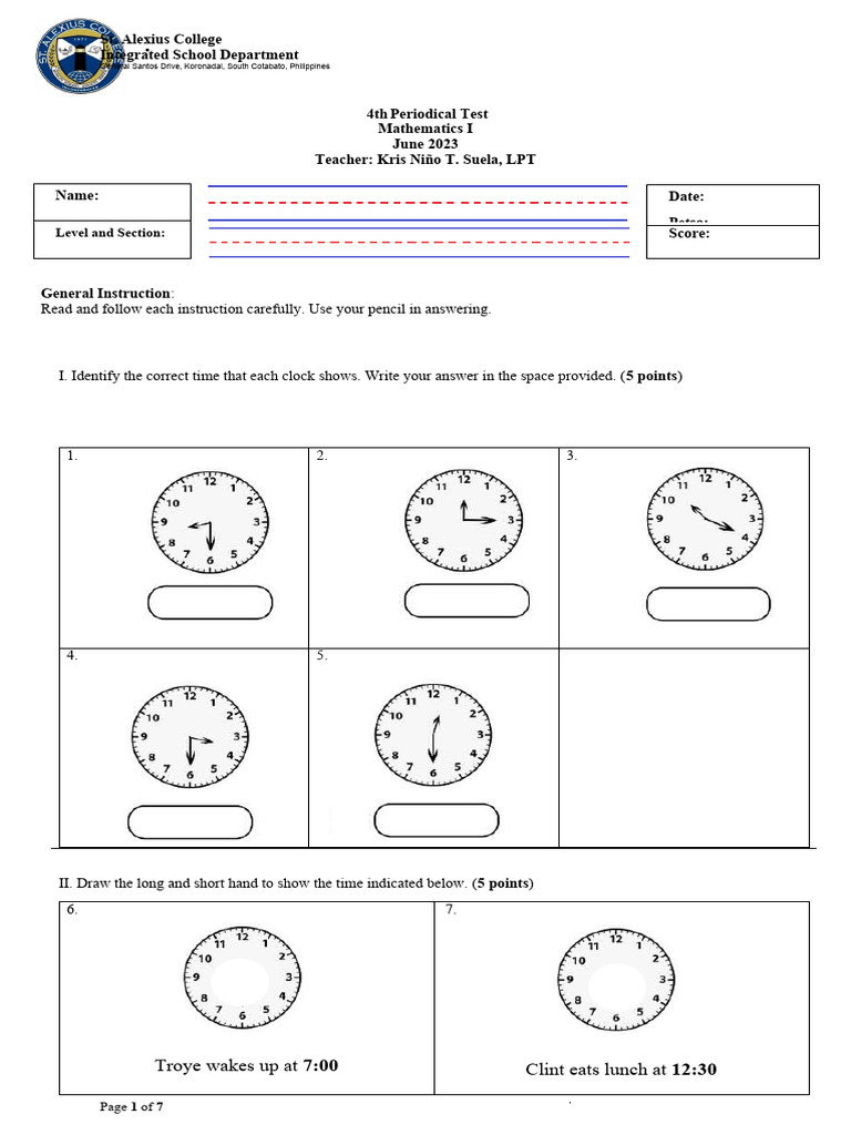 St Alexius College Math Test June 2023 Pdf