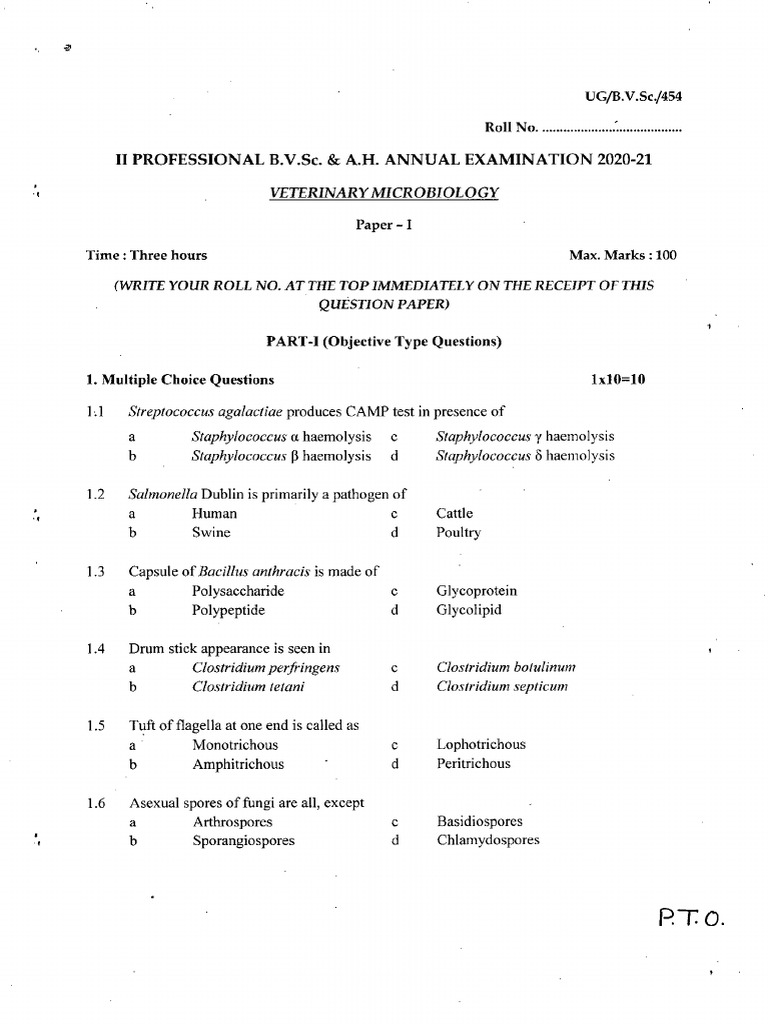 Paper I - Veterinary Microbiology - II PROF BVSC & AH | PDF