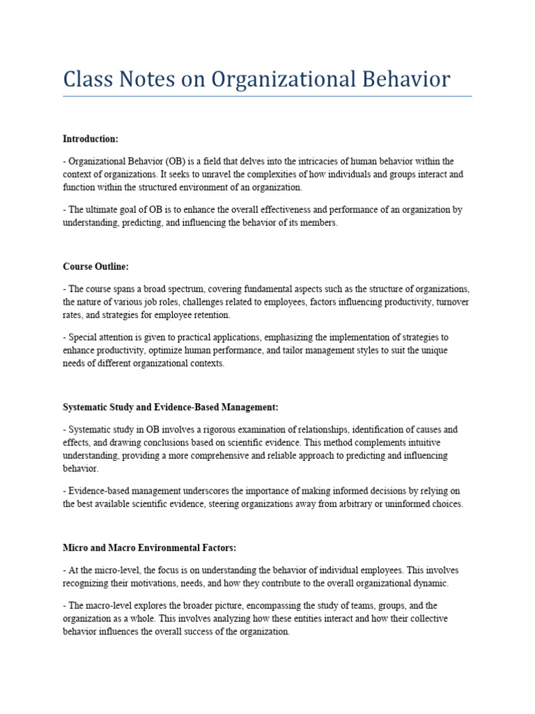 Class Notes On Organizational Behavior | PDF