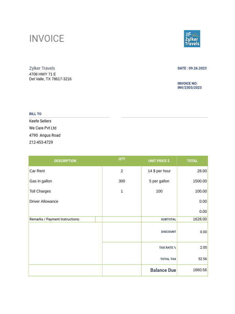 Zylker Travels Invoice INV/2303/2023 | PDF