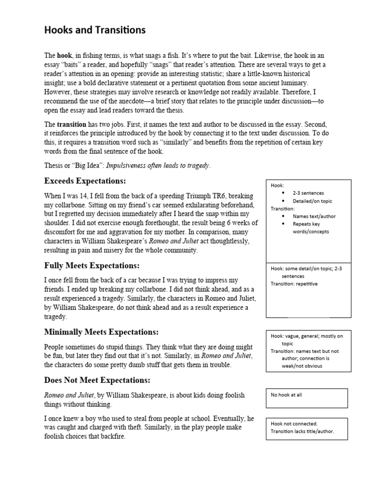 Hooks and Transitions PDF Essays Romeo And Juliet