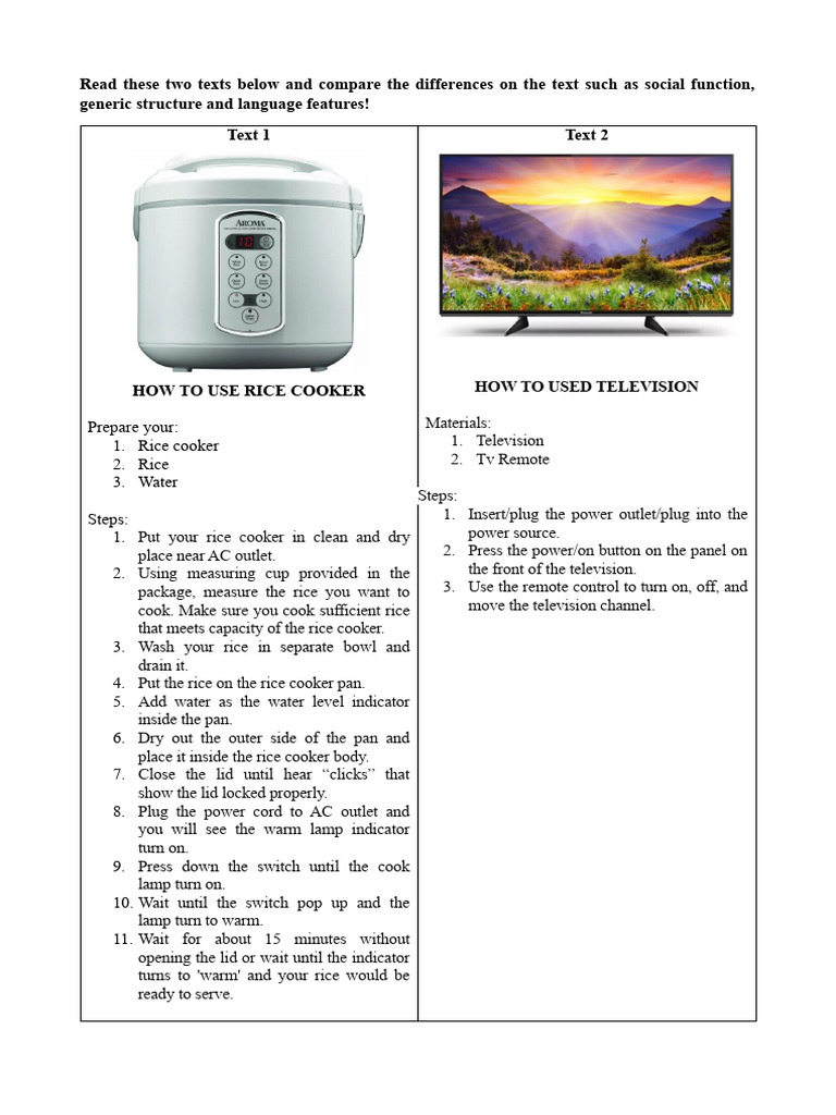 Compare Rice Cooker and TV Usage Guides | PDF
