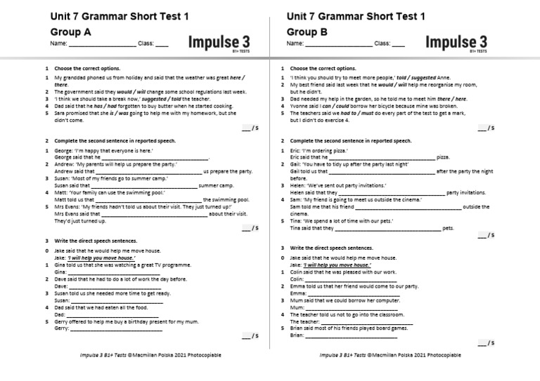 Mini Matura Unit 1 Group B Unit 7 Grammar Short Test 1 A+b | PDF