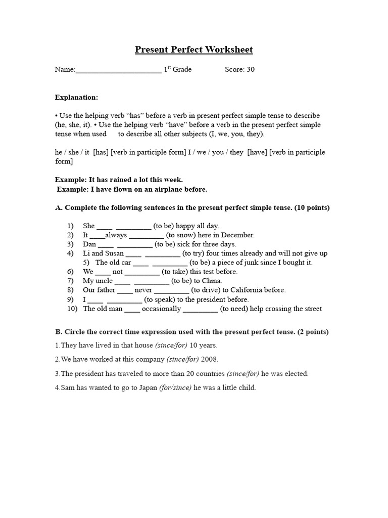 Present Perfect Tense Worksheet | PDF | Language Arts & Discipline ...