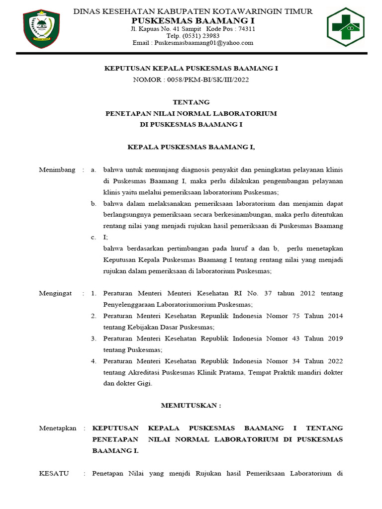 SK Penetapan Nilai Normal Laboratorium | PDF