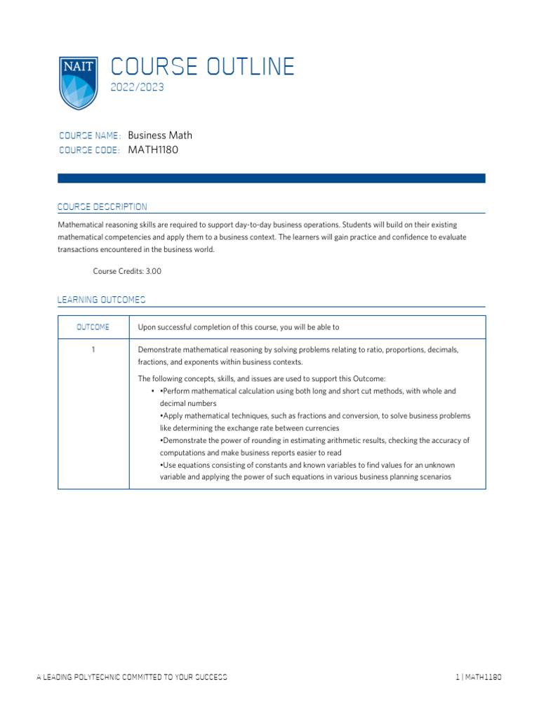 Course Outline MATH1180 - 2022 | PDF