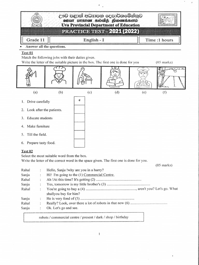 Uva Province Grade 11 English 3rd Term Test Paper 2021 | PDF