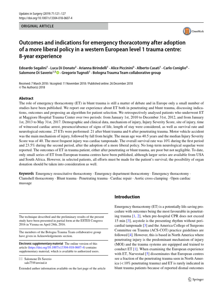 Outcomes and Indications For Emergency Thoracotomy | PDF