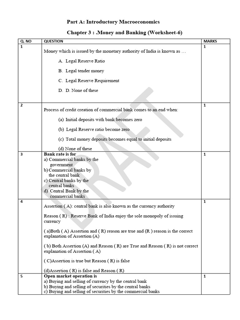 Money and Banking Worksheet for Macroeconomics | PDF | Money | Central ...