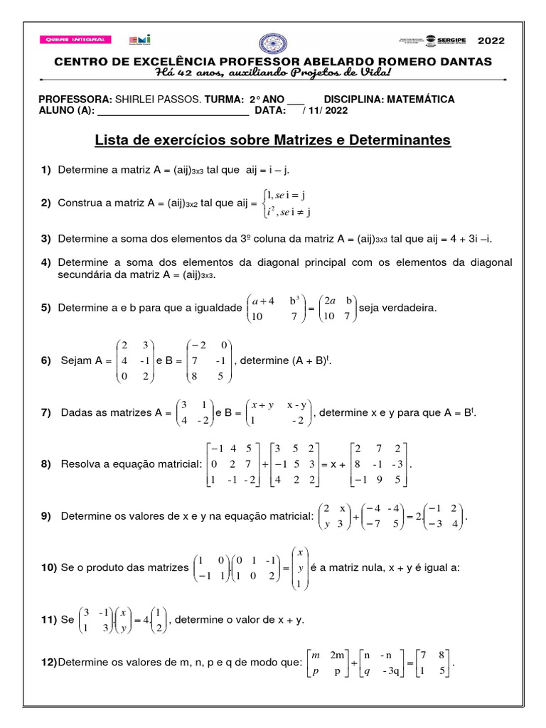 Lista de Exercícios: Matrizes e Determinantes | PDF | Determinante ...