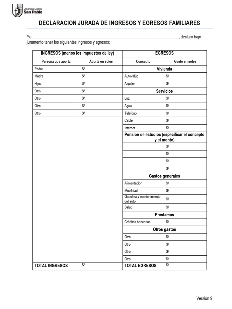 Formato Declaracion Jurada Ingresos Egresos Familiares 2024 01 A B C | PDF