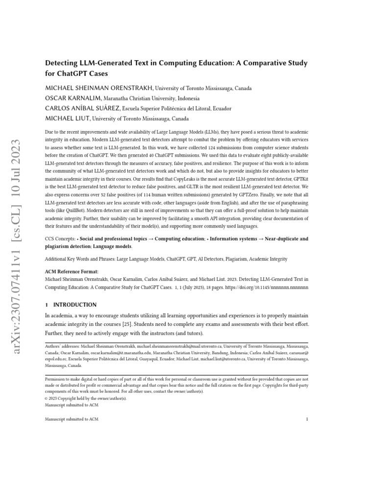 Detecting Llm-Generated Text in Computing Education: A Comparative ...
