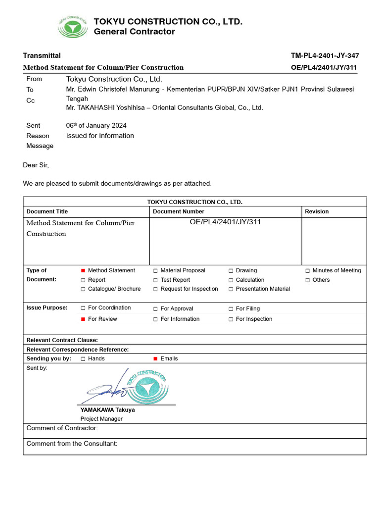 311) OE-PL4-2401-JY-311 Method Statement For Column-Pier Construction | PDF