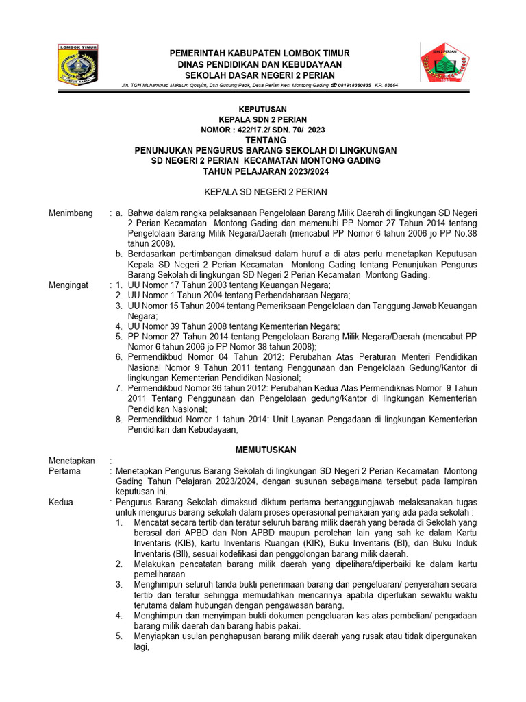 Penunjukan Pengurus Barang SDN 2 Perian | PDF