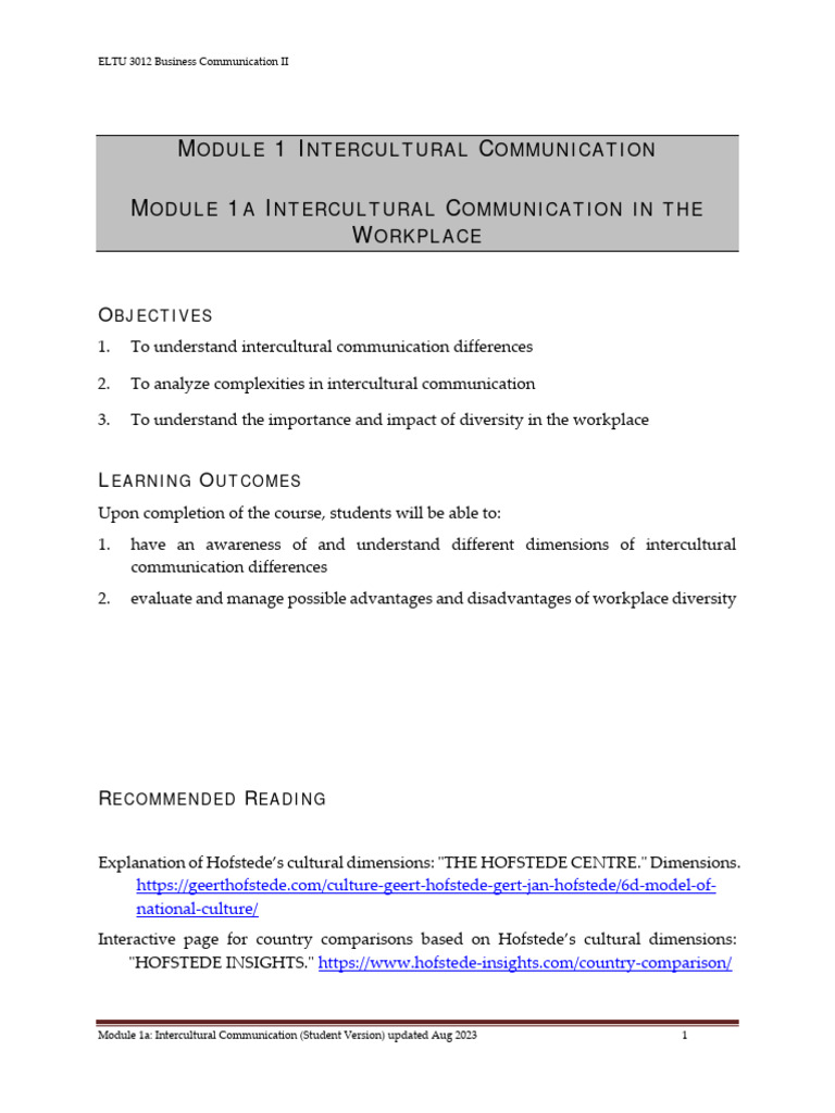 M1a Intercultural Communication in The Workplace (Student Version ...