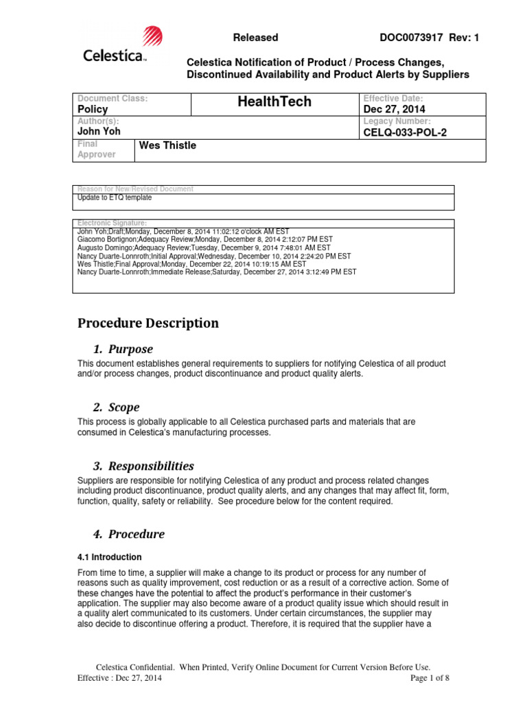 Notification of Product Process Changes | PDF