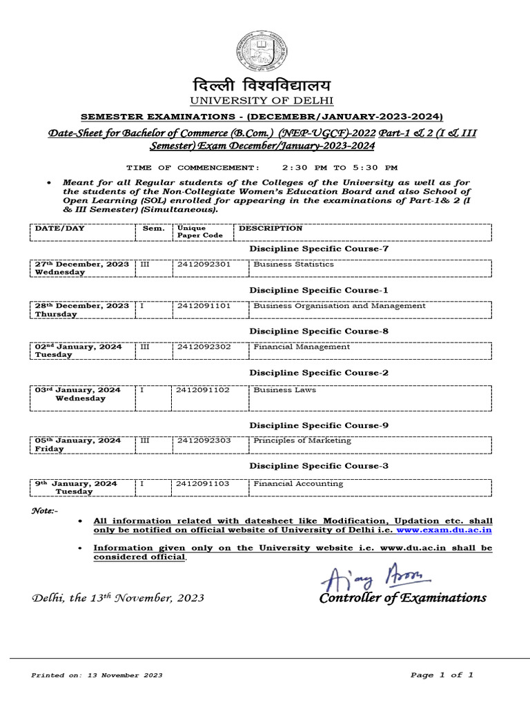 B.Com. Exam Date-Sheet Dec 2023-Jan 2024 | PDF | Technology & Engineering