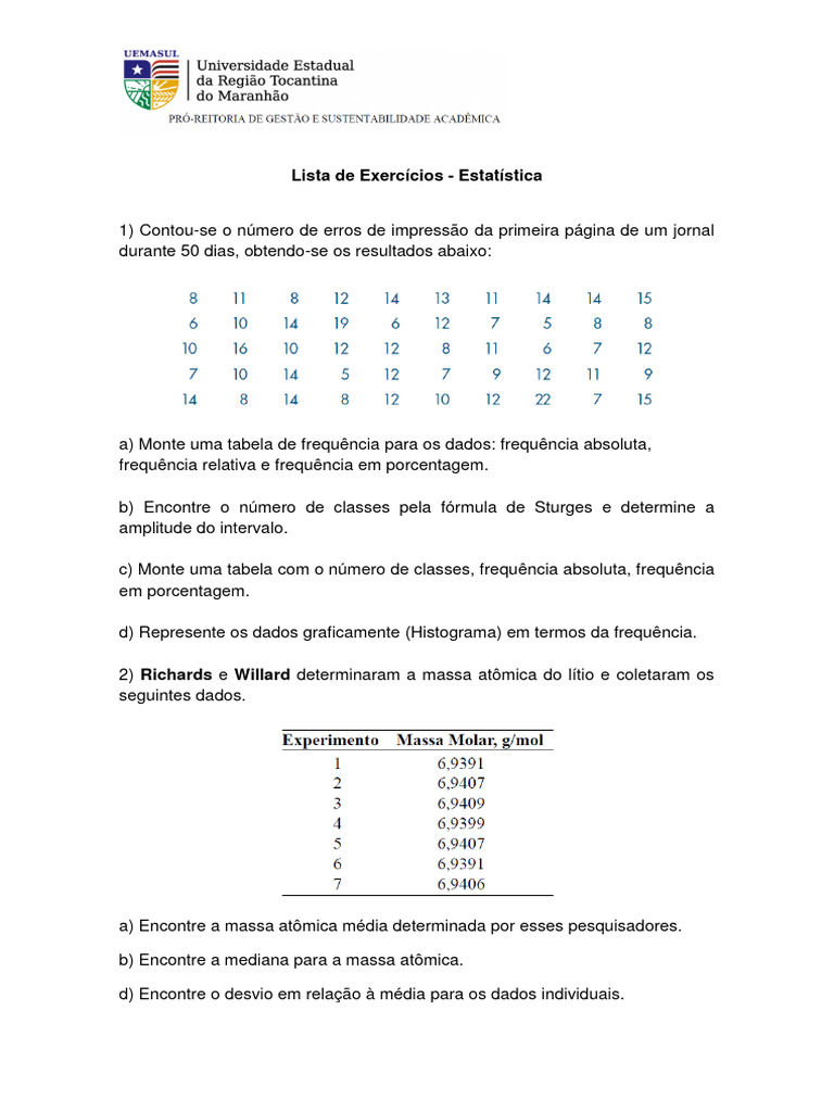 Lista de Exercícios 1 - Estatistica | PDF
