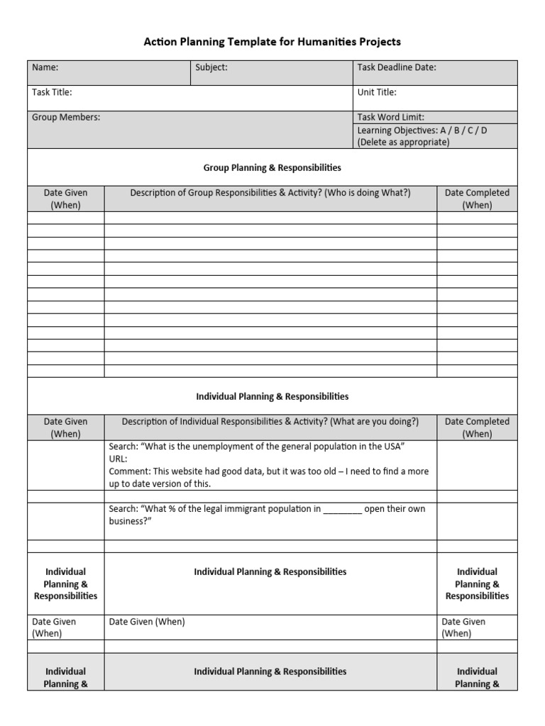 Action planning template for humanities projects 3 filled 4 pdf