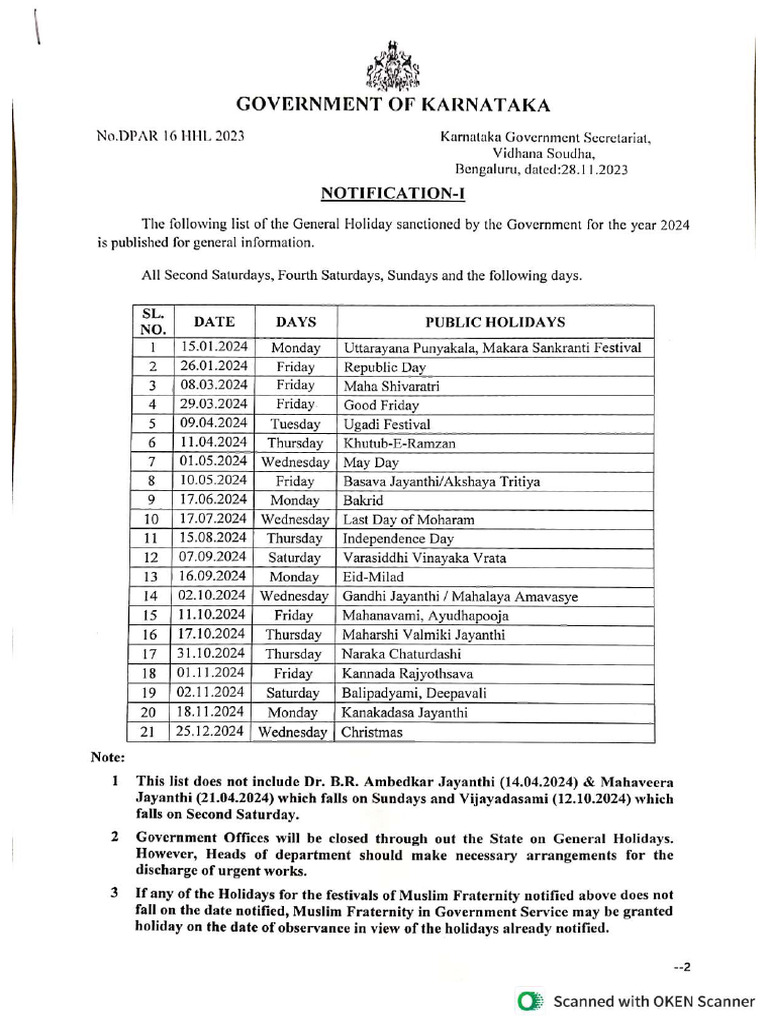 Karnataka State Holidays List 2024 Notification PDF