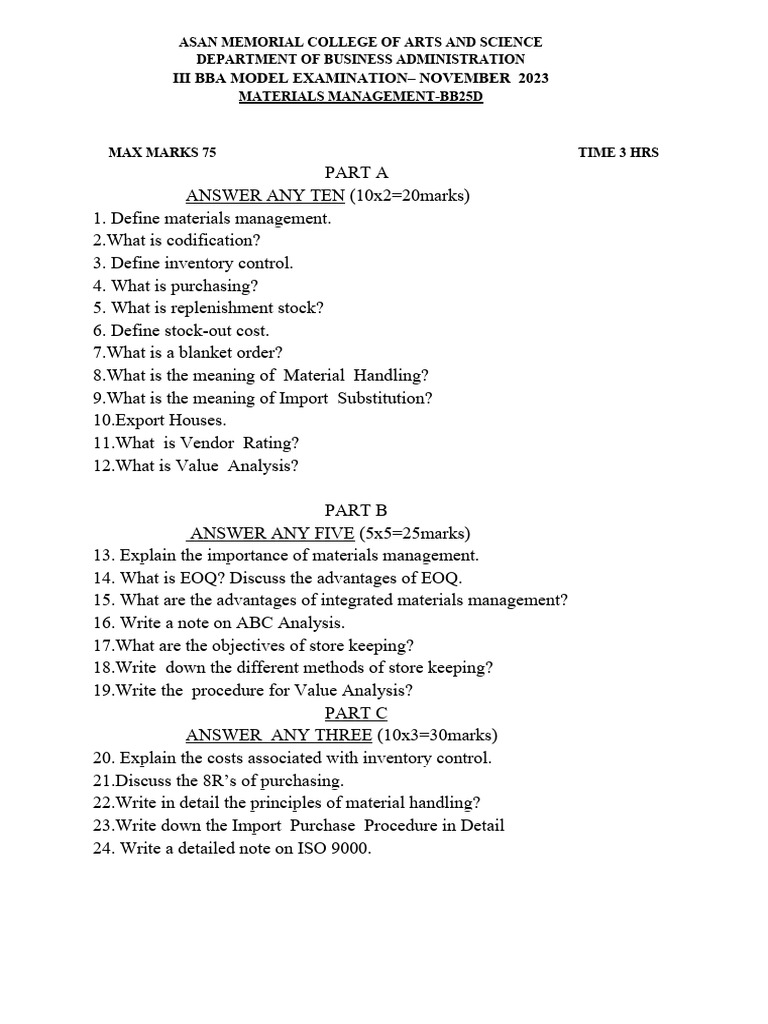 Model examination material management nov 2023 pdf