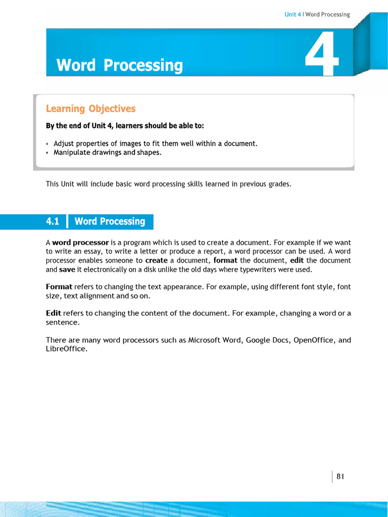This Unit will include basic word processing skills learned in previous ...