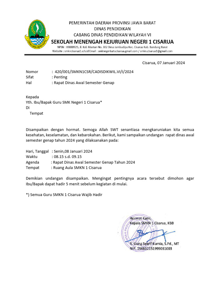Undangan Rapat Dinas Awal Semester Tahun 2024 | PDF
