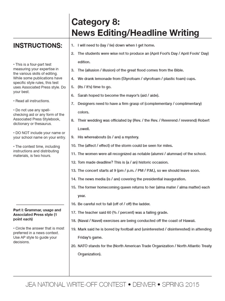 News Editing Contest Examsp15 Worksheet | PDF