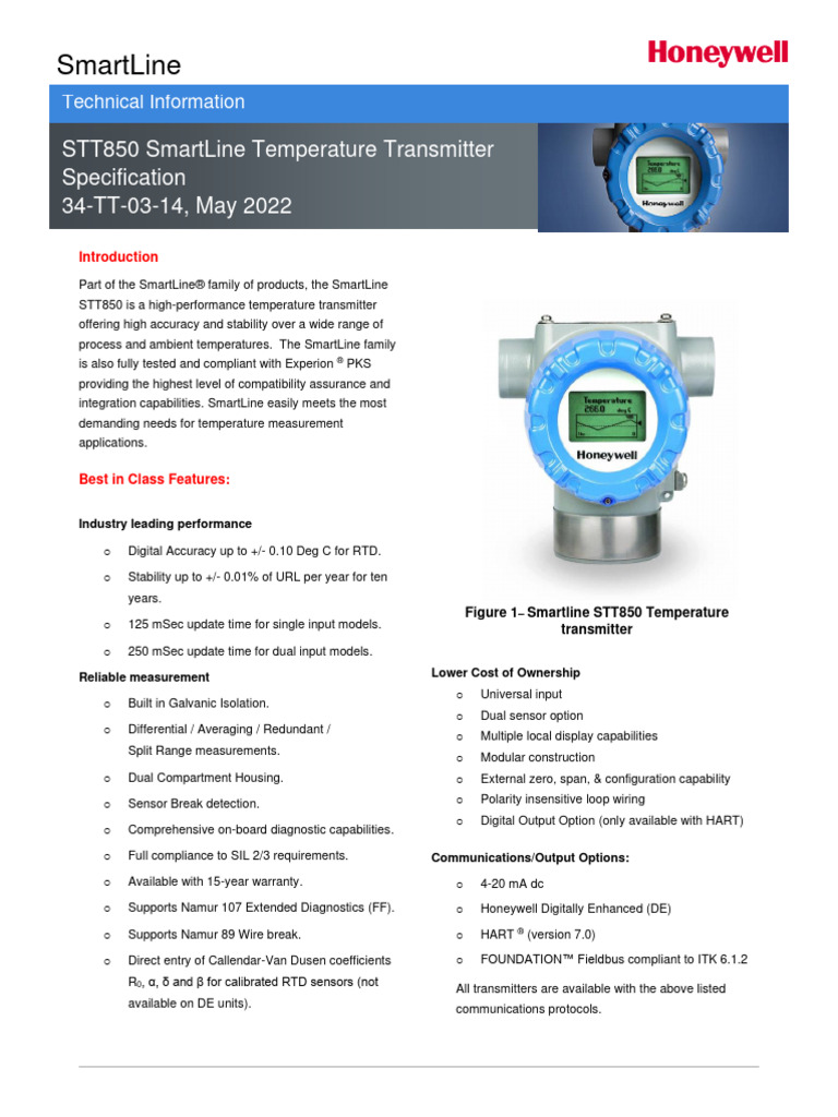 STT850 SmartLine Temperature Transmitter Specification 34TT0314