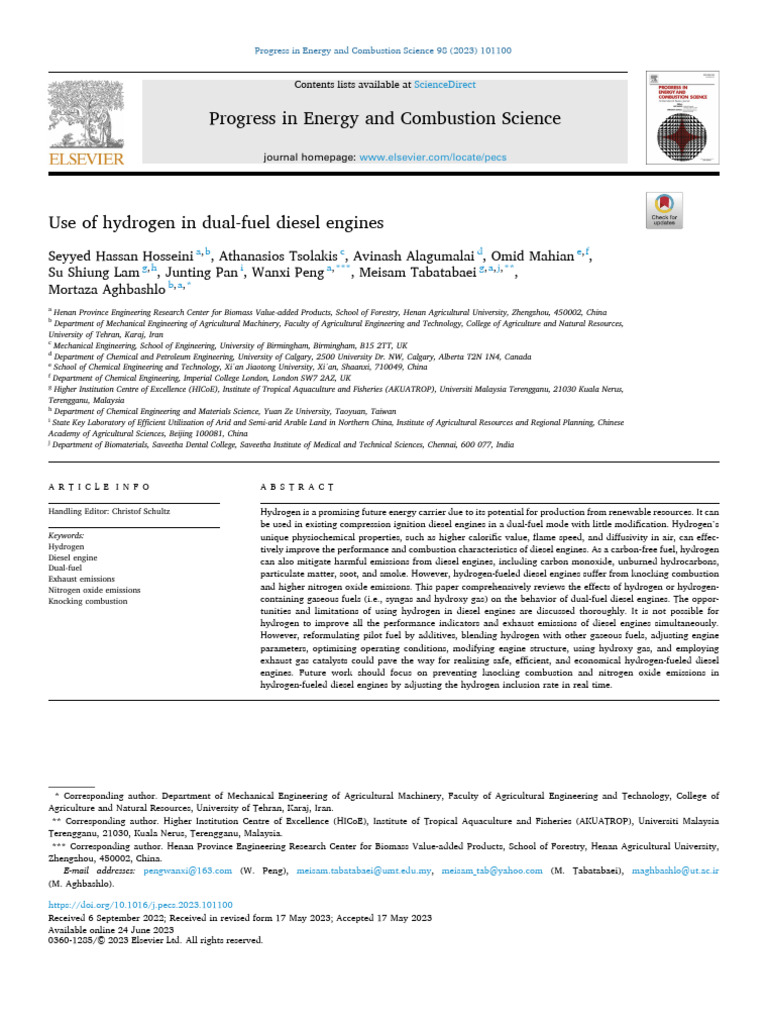 2023 - Use of Hydrogen in Dual-Fuel Diesel Engines | PDF | Diesel ...
