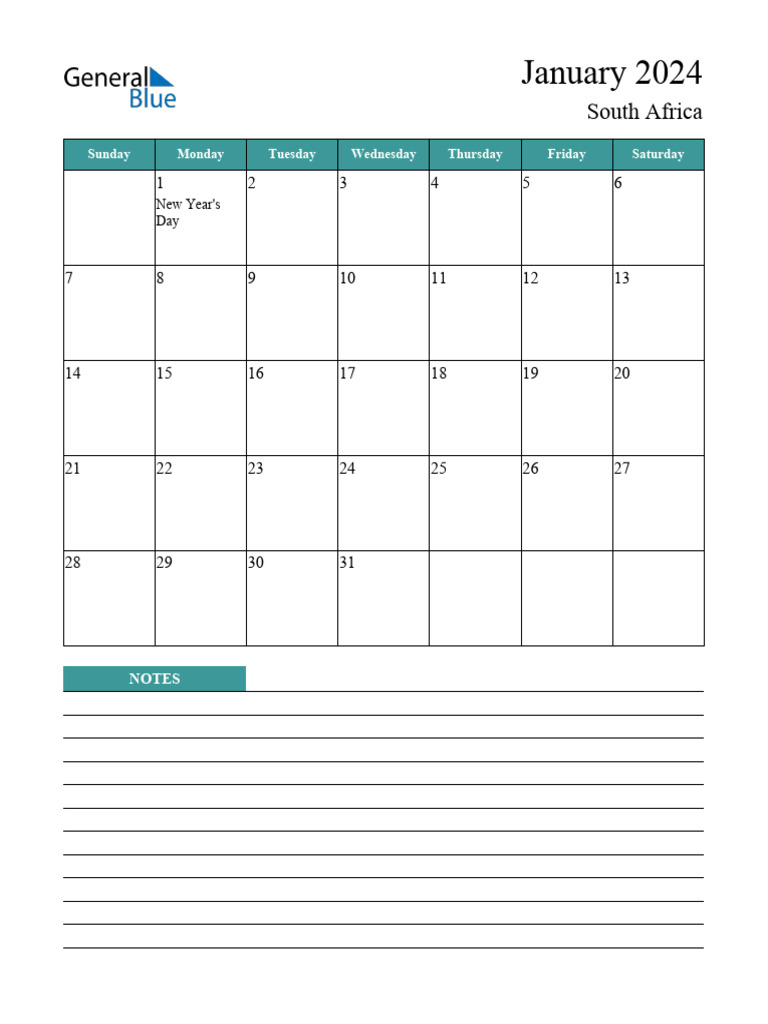 2024 01 January Calendar Bluegreen Notes Sunday Start en Za PDF