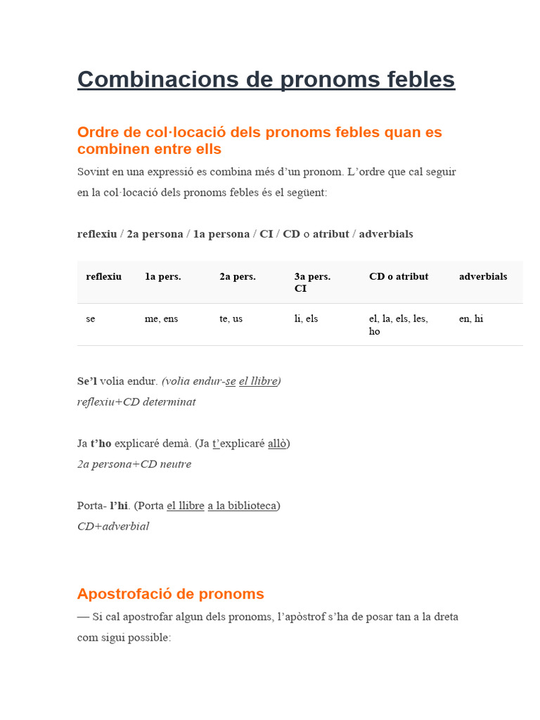 Combinació de Pronoms Febles | PDF