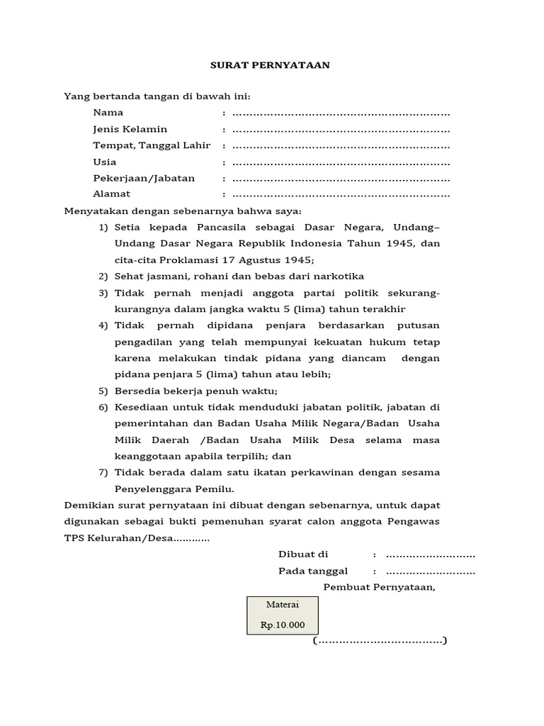 Surat Pernyataan Bermatrai | PDF