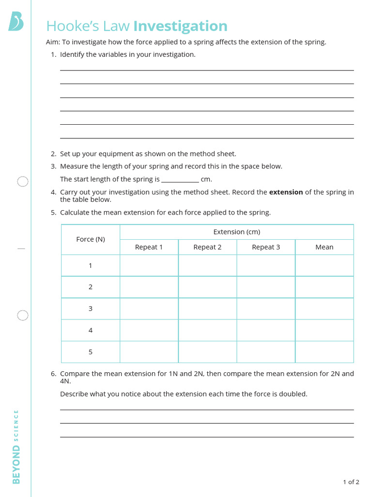 Hooke's Law Investigation Worksheet HA PDF
