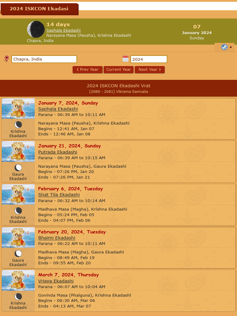 2024 ISKCON Ekadasi list for Chapra, Bihar, India PDF Religious
