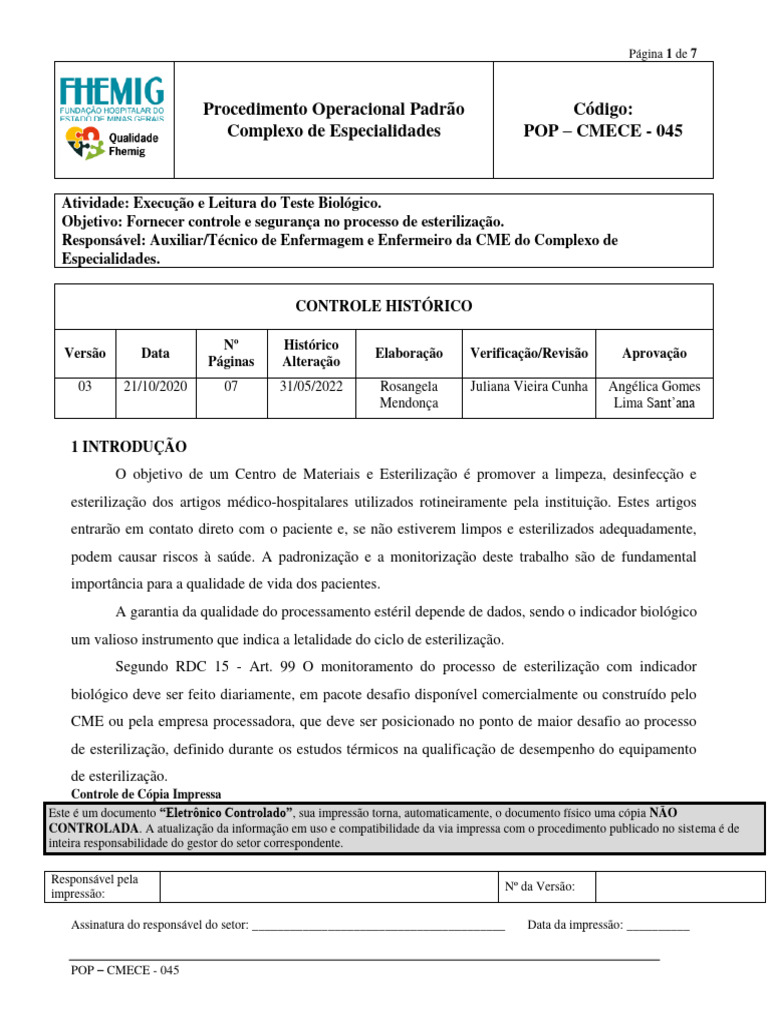POP - CMECE - 045 - Execução e Leitura Do Teste Biológico | PDF ...