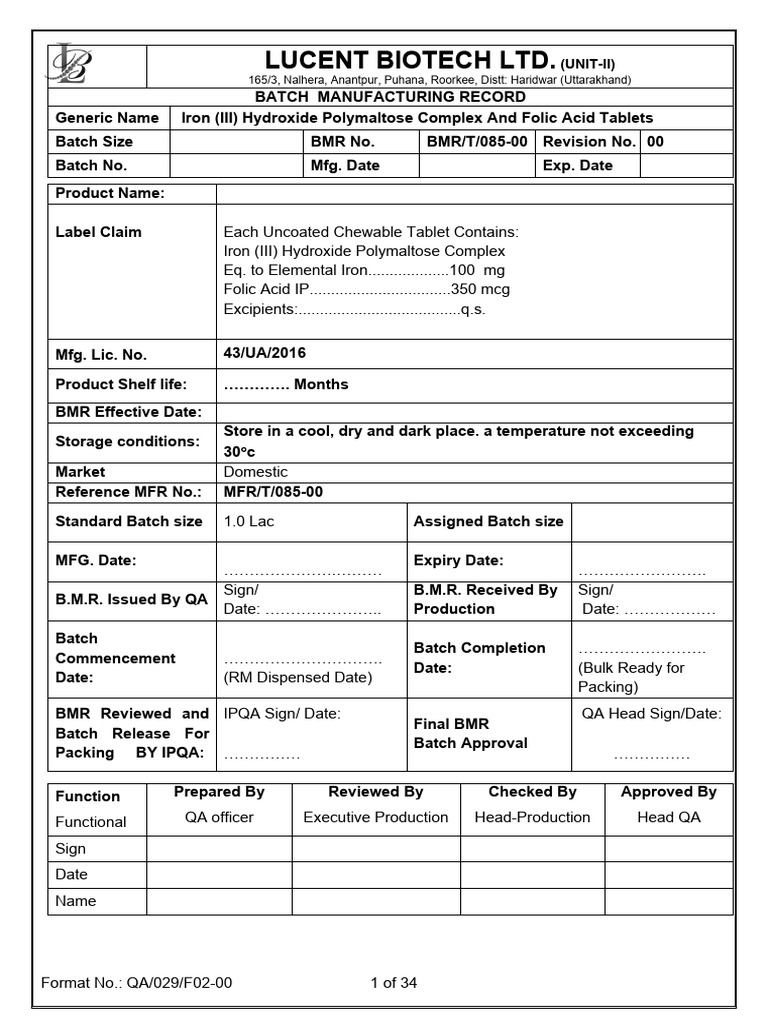 Batch Record for Iron Tablets Production | PDF | Tablet (Pharmacy ...