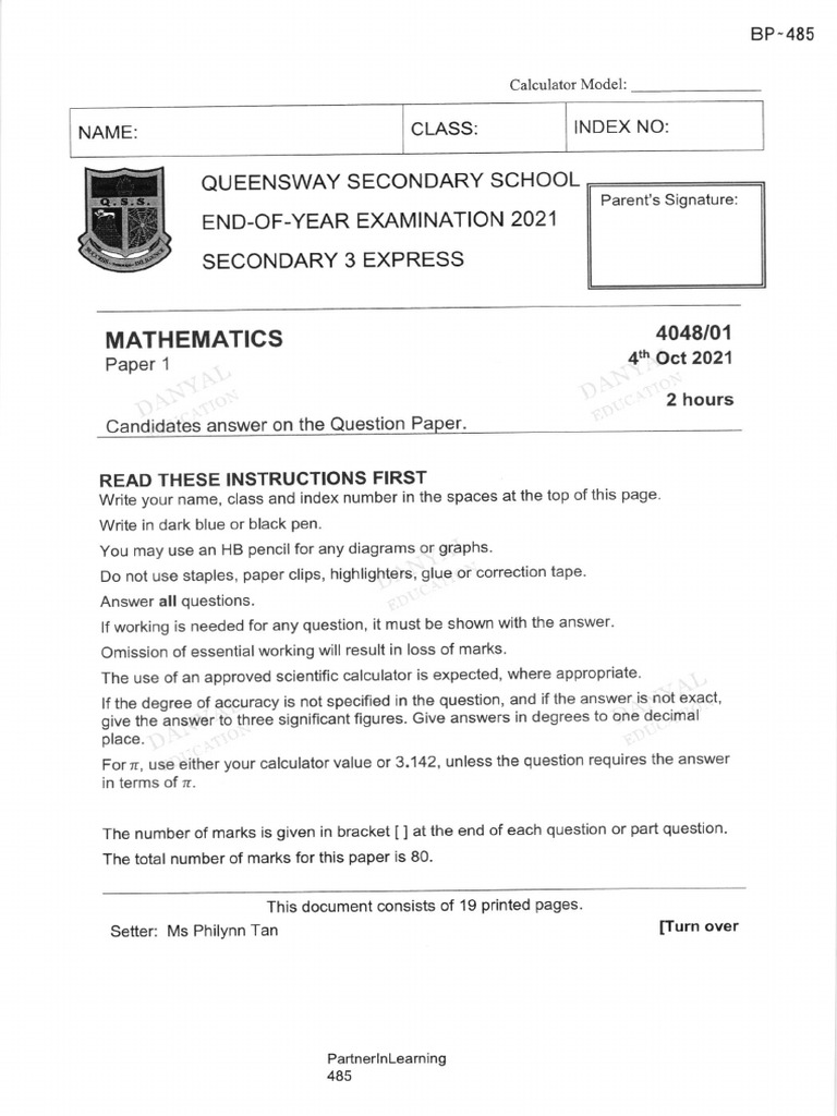 Sec 3 Express Math Exam Paper 2021 | PDF | Mathematics | Elementary ...
