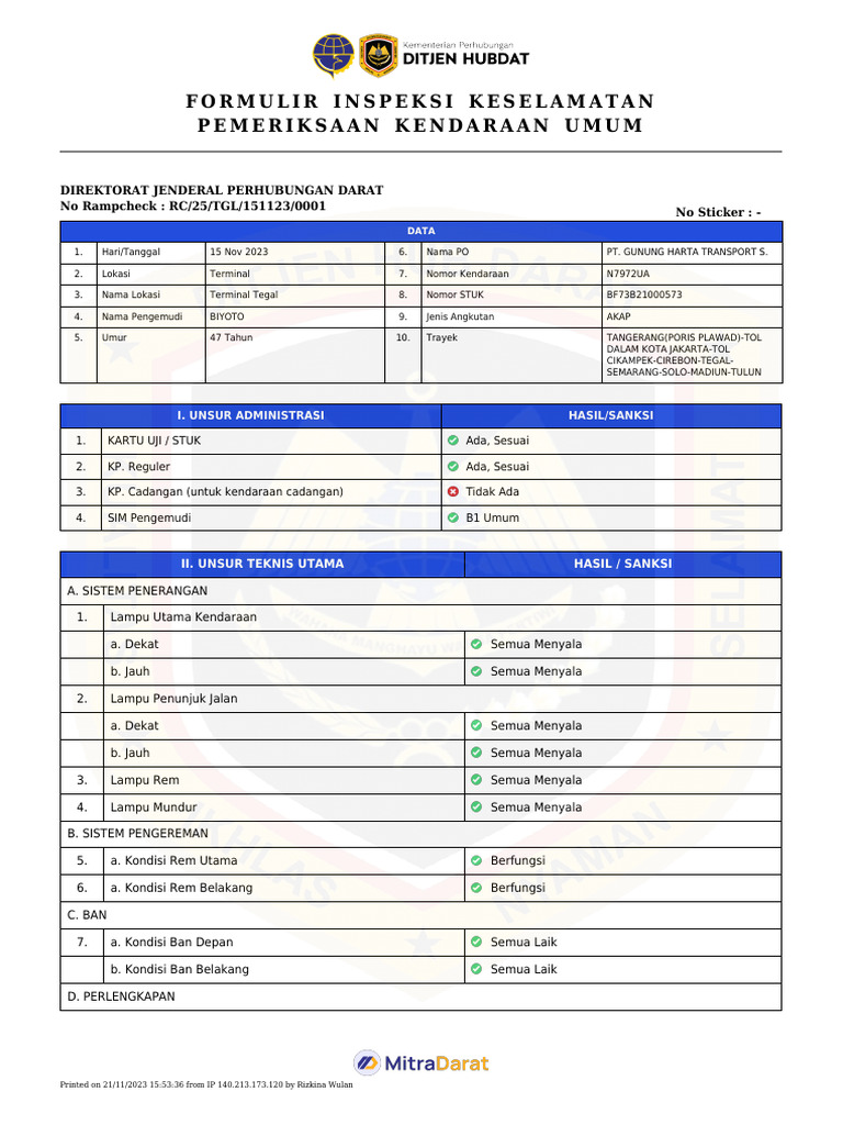 Formulir Ramp Check Kendaraan Umum | PDF