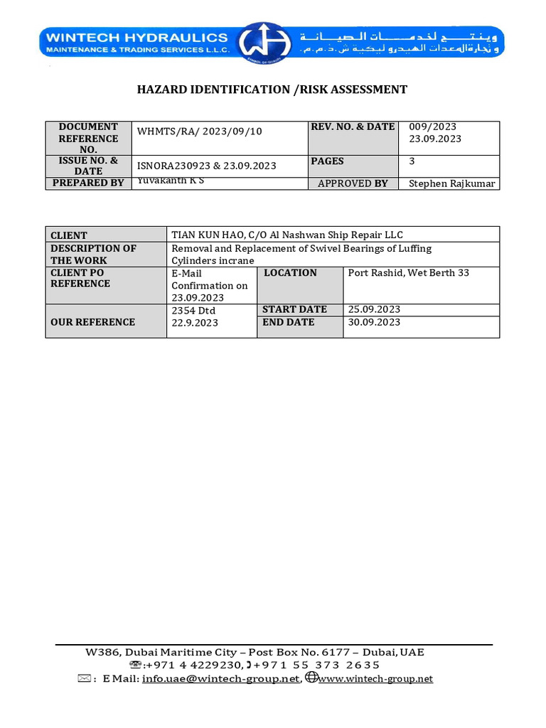 Risk Assessment Method of Statement Hydraulic Cylinder Bearing