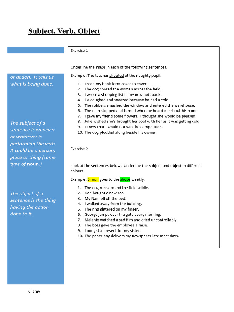 Subject-Verb-Object Sentence Exercises | PDF