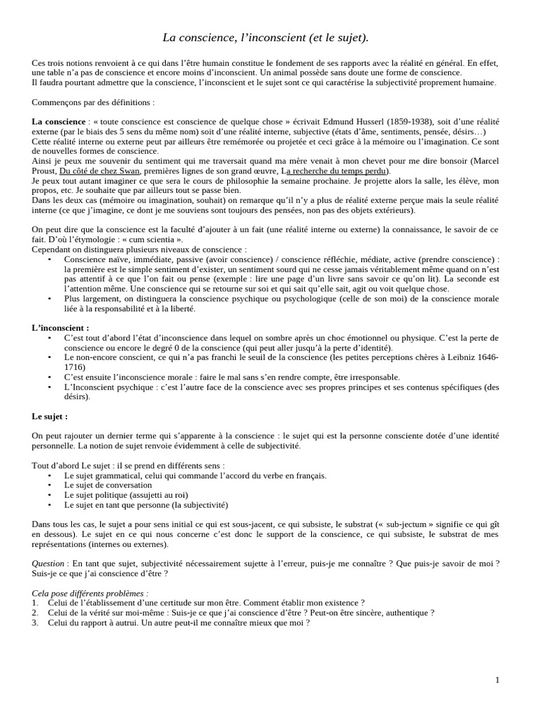 Conscience, Inconscient et Sujet humain | PDF